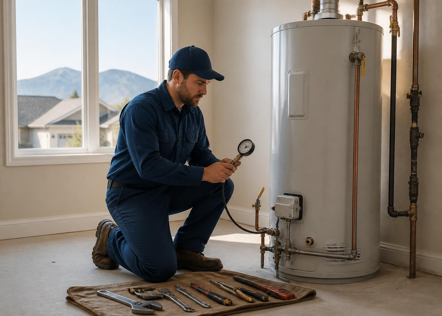 Licensed technician servicing a residential tank water heater in an Arvada utility room